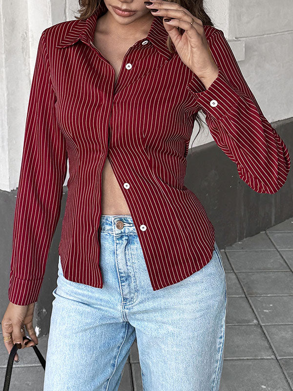Long Sleeves Skinny Buttoned Contrast Color Striped Lapel Blouses&Shirts Tops