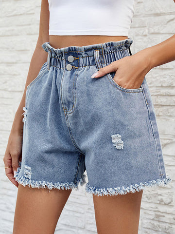 Loose Wide Leg Buttoned Elasticity Fringed Pockets Jean Pants Bottoms Shorts Bottoms