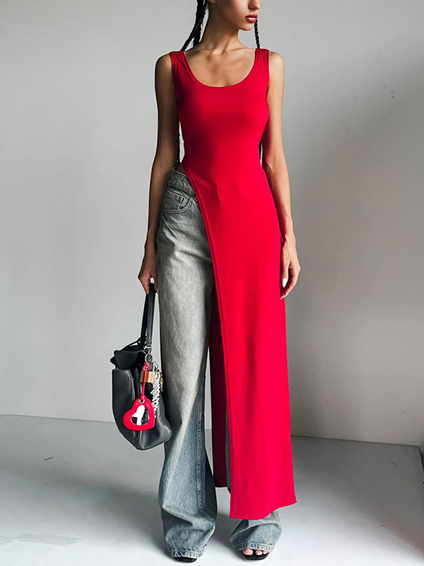 Skinny Sleeveless Asymmetric Solid Color Split-Side Square-Neck Tank Top