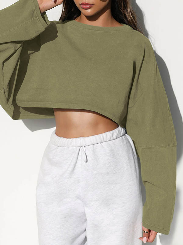 Long Sleeves Loose Solid Color Split-Joint Round-Neck Sweatshirt Tops