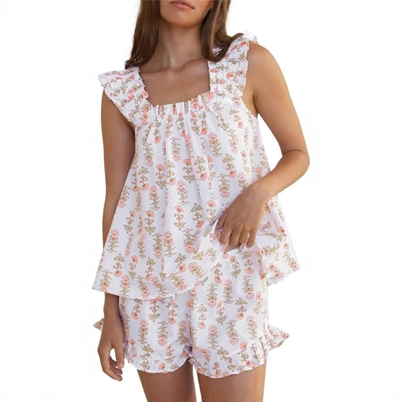Women Fashion Casual Breathable Floral Printed Sleeveless Top Loose Shorts Pajamas Two-Piece Set