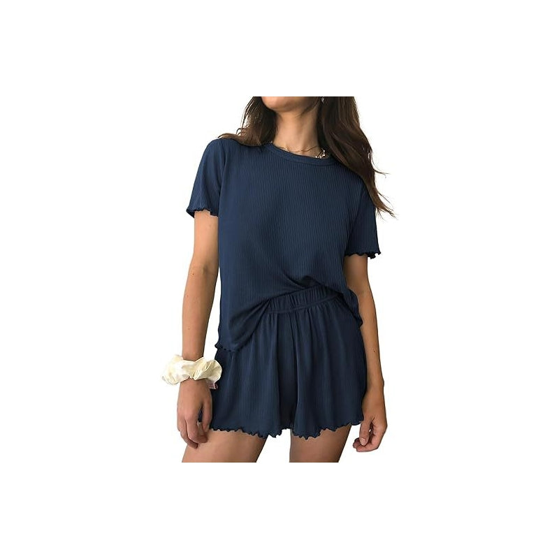 Women Casual Solid Color Rib Knitted Wave Edge Short Sleeve Top Loose Shorts Pajamas Two-Piece Set