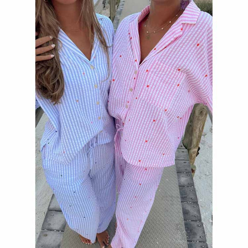 Women Fashion Casual Stripe Heart-Shaped Embroidered Long-Sleeved Top Loose Pants Pajamas Set