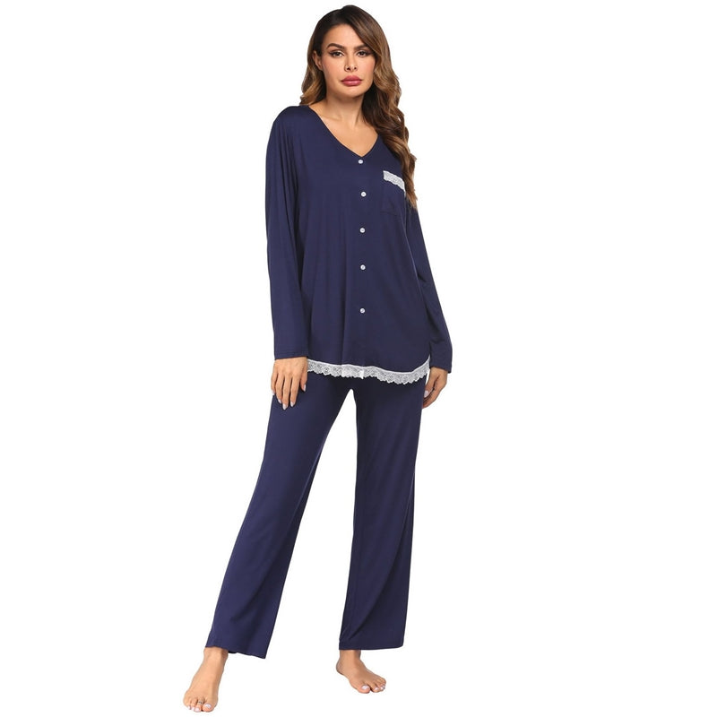 Women Fashion Causal Lace Stitching V-Neck Long Sleeve Top Loose Pants Pajamas Set