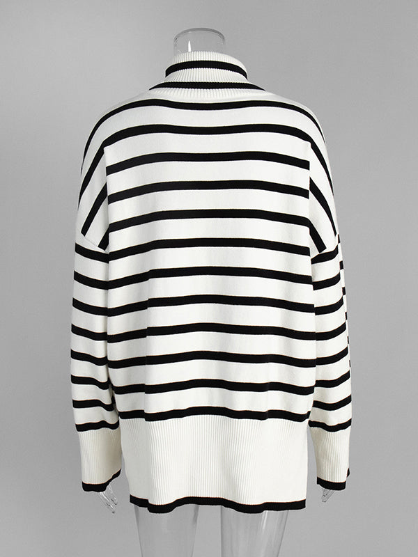 High-Low Long Sleeves Split-Joint Split-Side Striped High Neck Sweater Tops