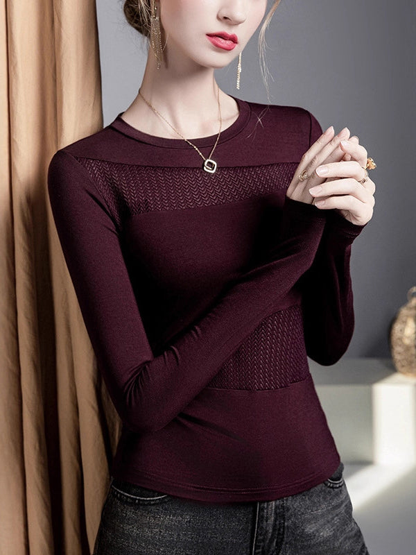 Irregularity Long Sleeves Comfort Mesh Slightly Sheer Solid Color Split-Joint Round-Neck T-Shirts Tops