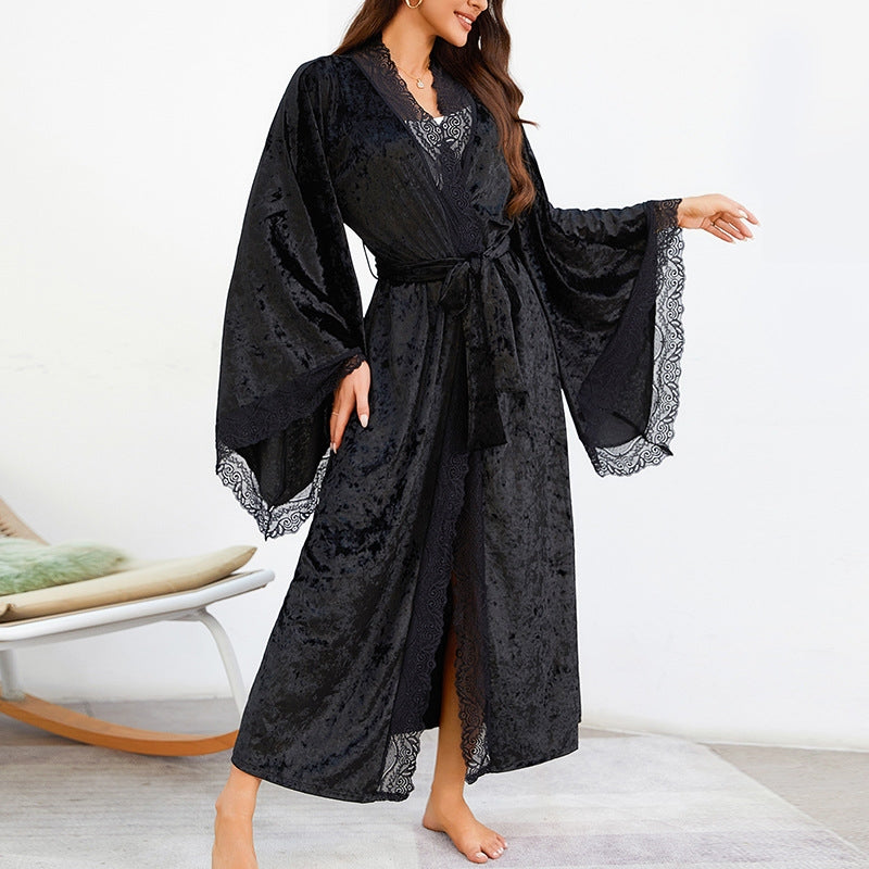 Women Fashion Sexy Lace V-Neck Lace Long Sleeve Velvet Nightgown