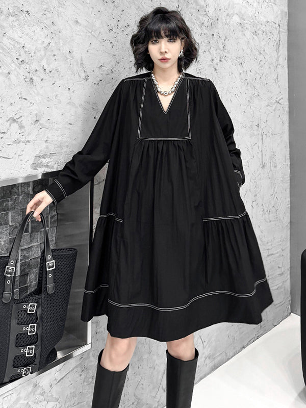 A-Line Long Sleeves Comfort Contrast Color Pleated V-Neck Mini Dresses