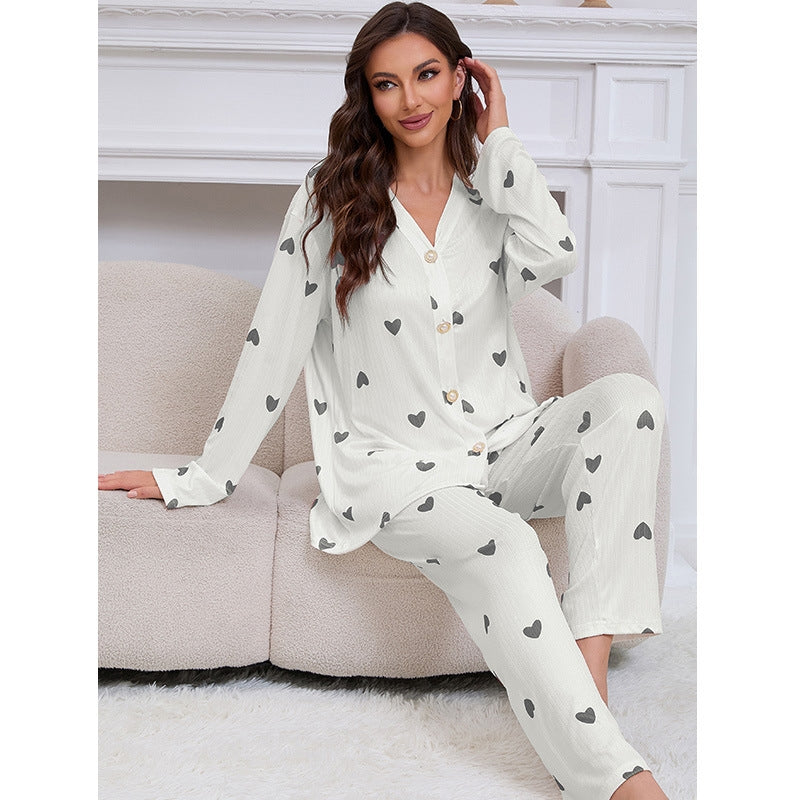 Women Fashion Casual Love Printed Round Neck Long Sleeve Top Loose Pants Pajamas Set