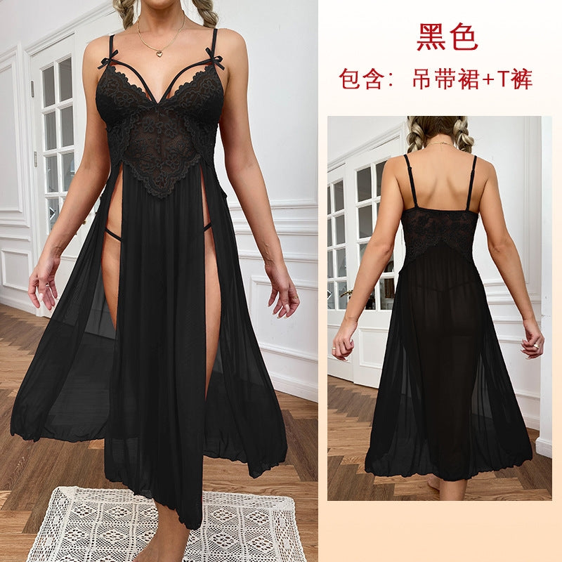 Women Fashion Sexy Deep V Lace Mesh Split Home Pajamas Set
