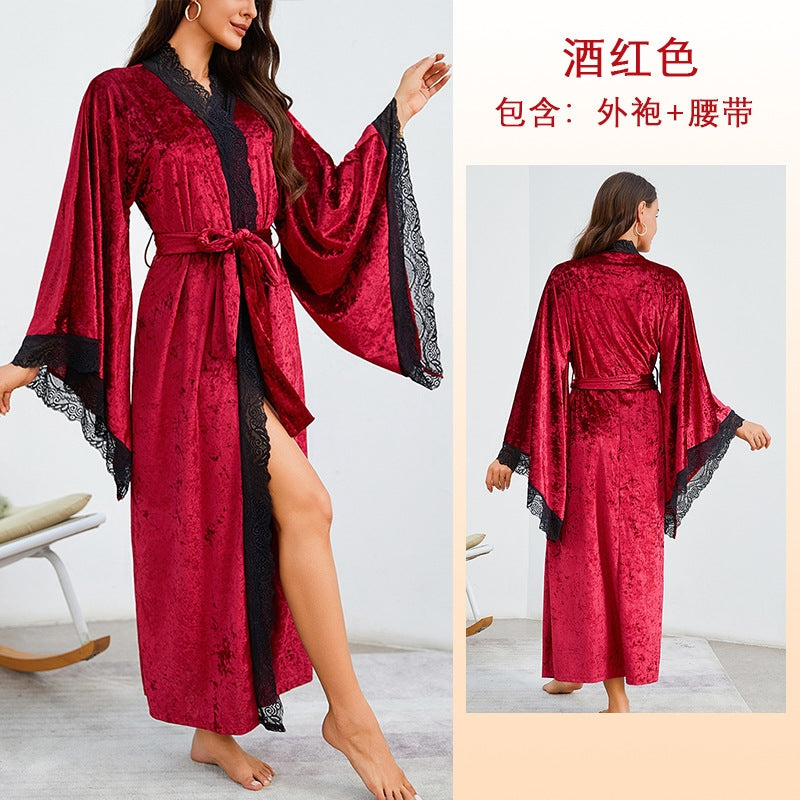 Women Fashion Sexy Lace V-Neck Lace Long Sleeve Velvet Nightgown