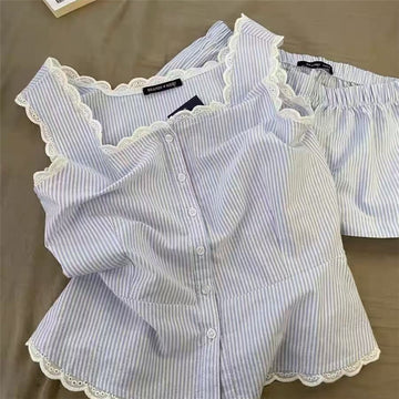 Women Fashion Casual Cotton Stripe Tank Top Loose Shorts Pajamas Two-Piece Set