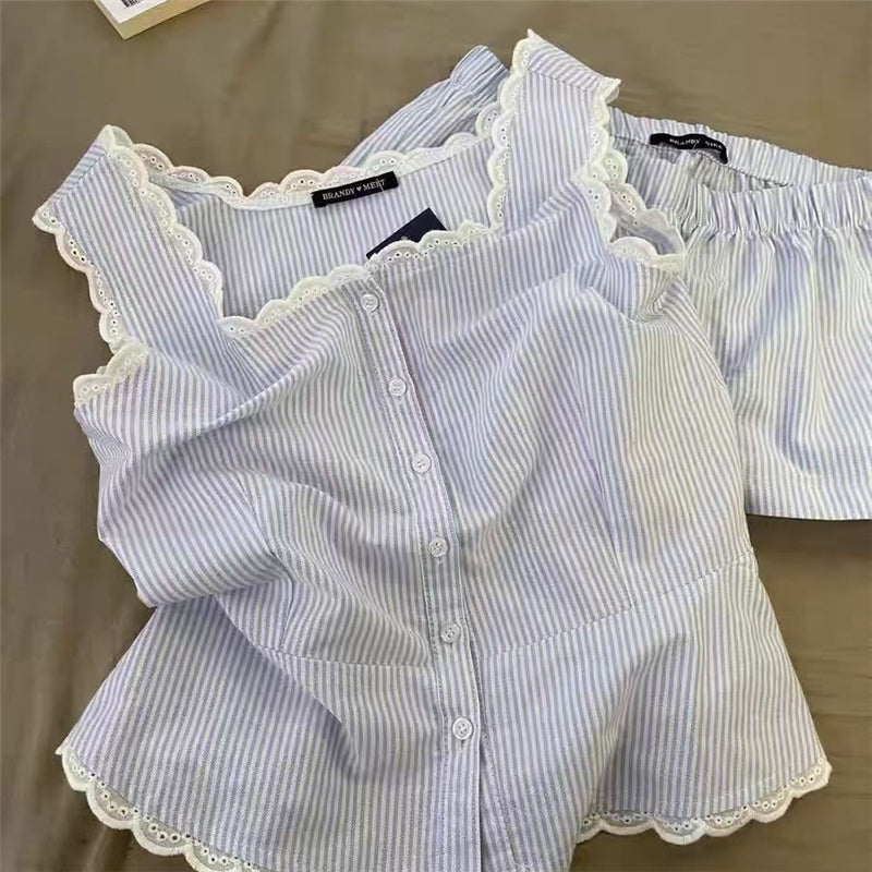 Women Fashion Casual Cotton Stripe Tank Top Loose Shorts Pajamas Two-Piece Set