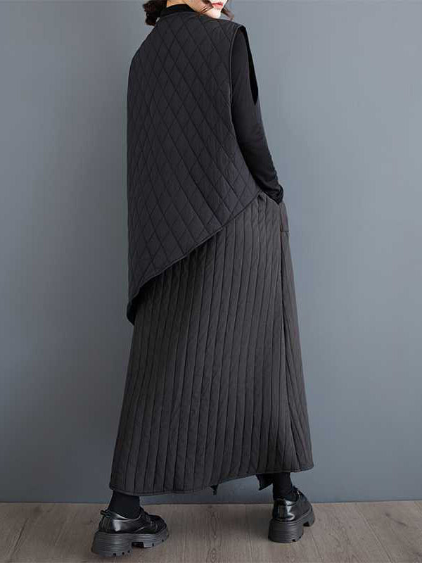 High Waisted Loose Asymmetric Elasticity Pockets Quilted Solid Color Skirts Bottoms