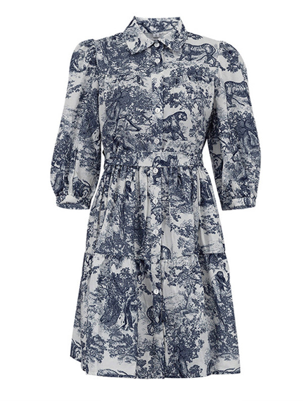 Loose Puff Sleeves Pleated Printed Split-Joint Tied Waist Lapel Mini Dresses Shirt Dress