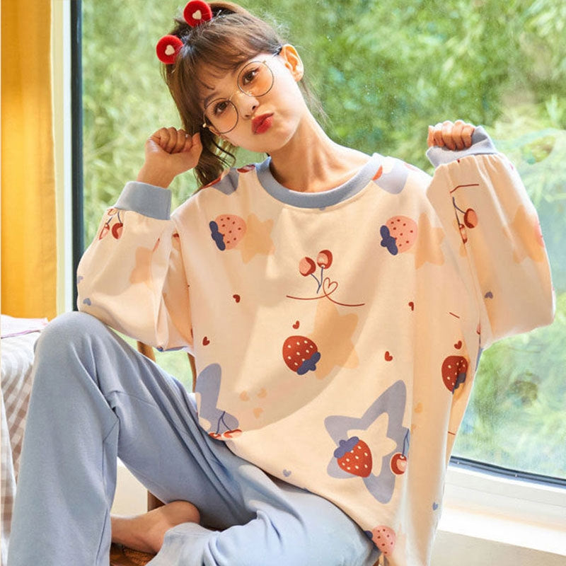 Women Fashion Casual Spring And Autumn Printed Round Neck Long Sleeve T-Shirt Loose Pants Pajamas Set