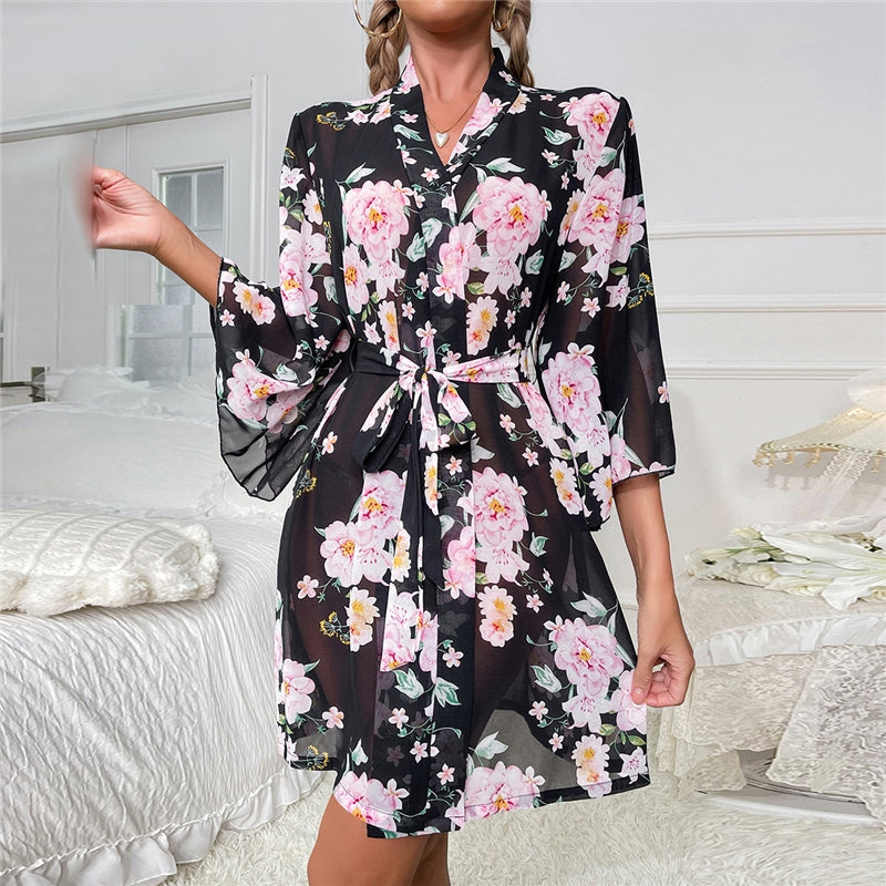 Women Fashion Floral Printed Long Sleeve Chiffon Pajamas