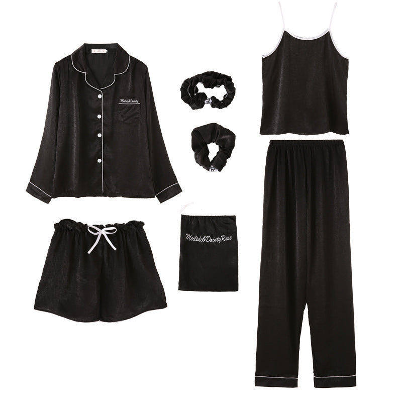 Women Simple Casual Stripe Printed Thin Pajamas Seven-Piece Set