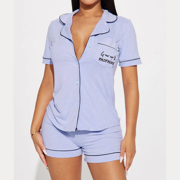 Women Fashion Casual Lapel Short Sleeve Pocket Top Letter Tight Shorts Pajamas Two-Piece Set