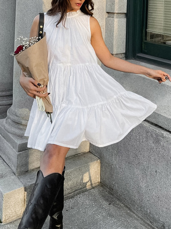 A-Line Loose Pleated Ruffled Solid Color Split-Joint Round-Neck Mini Dresses Shirt Dress