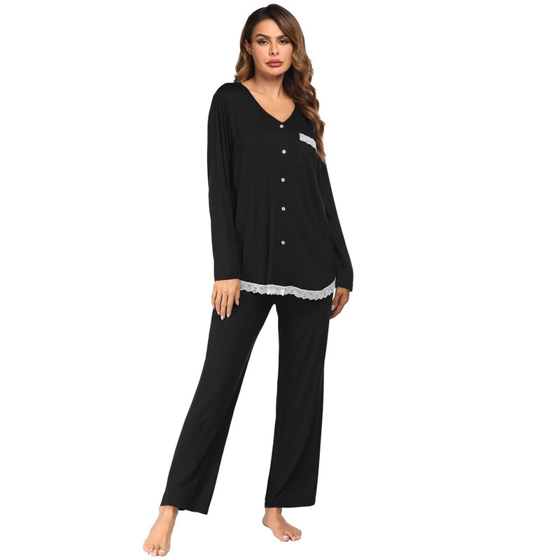 Women Fashion Causal Lace Stitching V-Neck Long Sleeve Top Loose Pants Pajamas Set