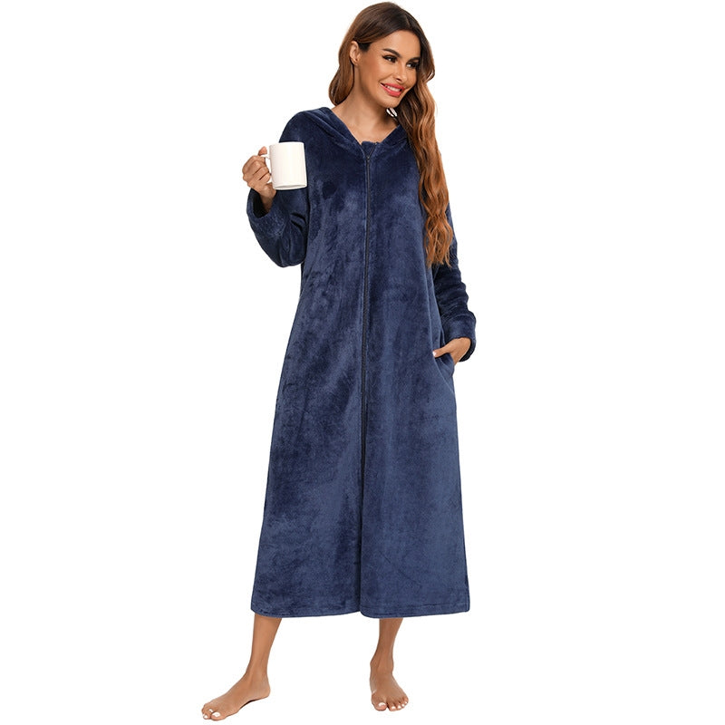 Winter Women Fashion Solid Color Zipper Long Sleeve Flannel Pajamas