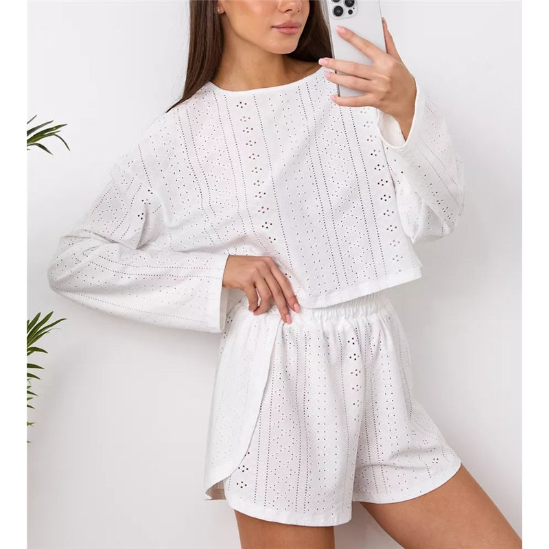 Women Fashion Casual Solid Color Hollow-Out Long-Sleeve T-Shirt Loose Shorts Pajamas Two-Piece Set