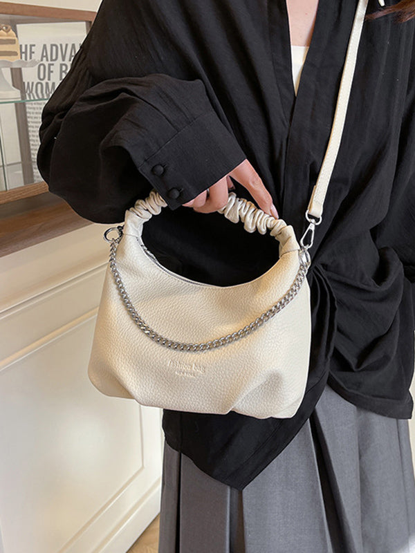Chains Pleated Solid Color Zipper Crossbody Bags Handbags