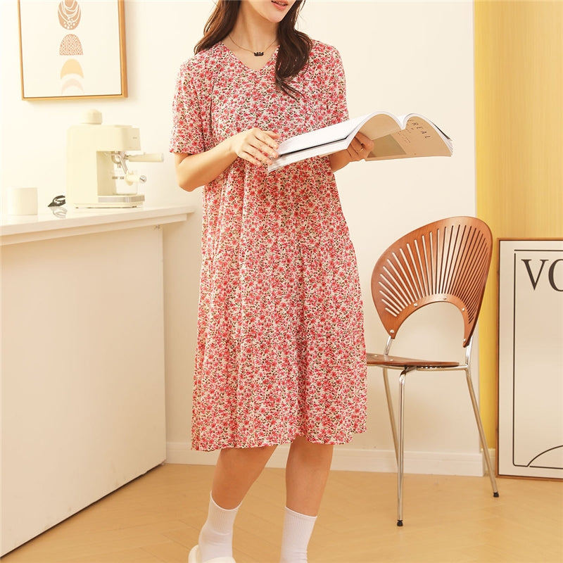 Women Fashion Casual Floral Printed Short Sleeve Loose Dress Pajamas