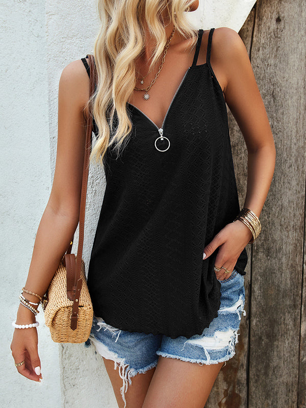 Loose Sleeveless Jacquard Solid Color Zipper Spaghetti-Neck Vest Top