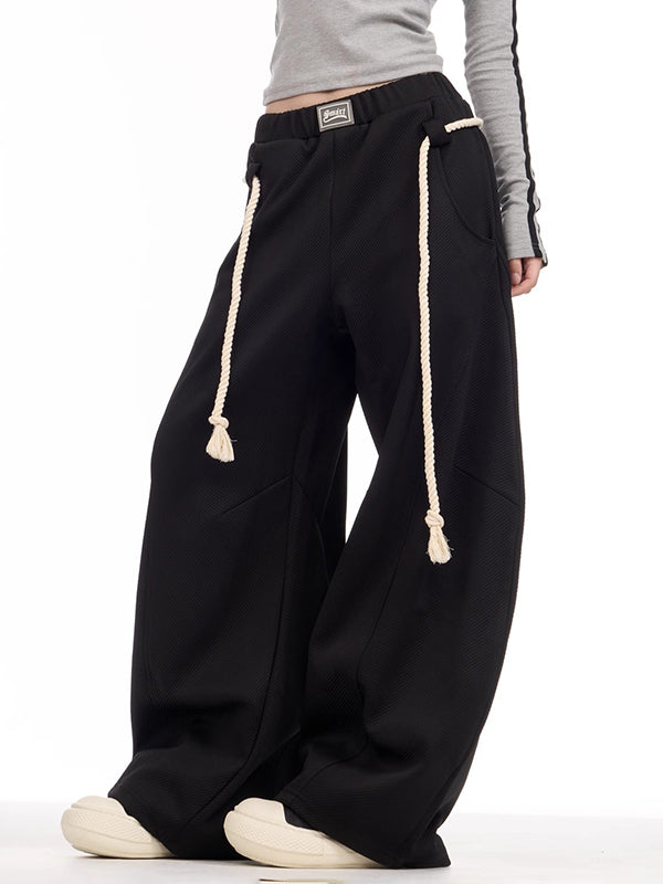 High Waisted Loose Drawstring Elasticity Pockets Solid Color Pants Trousers