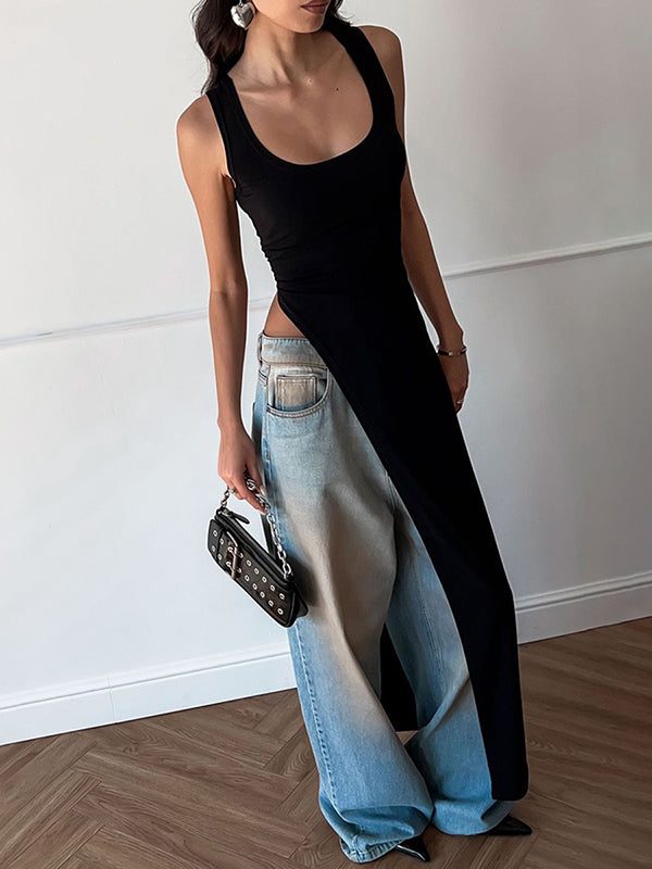 Skinny Sleeveless Asymmetric Solid Color Split-Side Square-Neck Tank Top