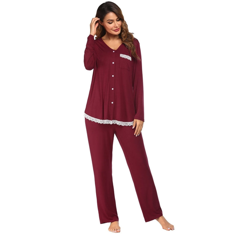 Women Fashion Causal Lace Stitching V-Neck Long Sleeve Top Loose Pants Pajamas Set