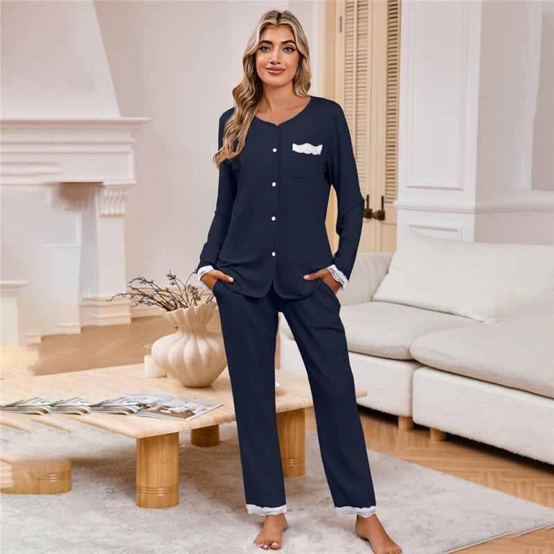 Women Fashion Casual Solid Color Long-Sleeve Cardigan Loose Pants Pajamas Two-Piece Set