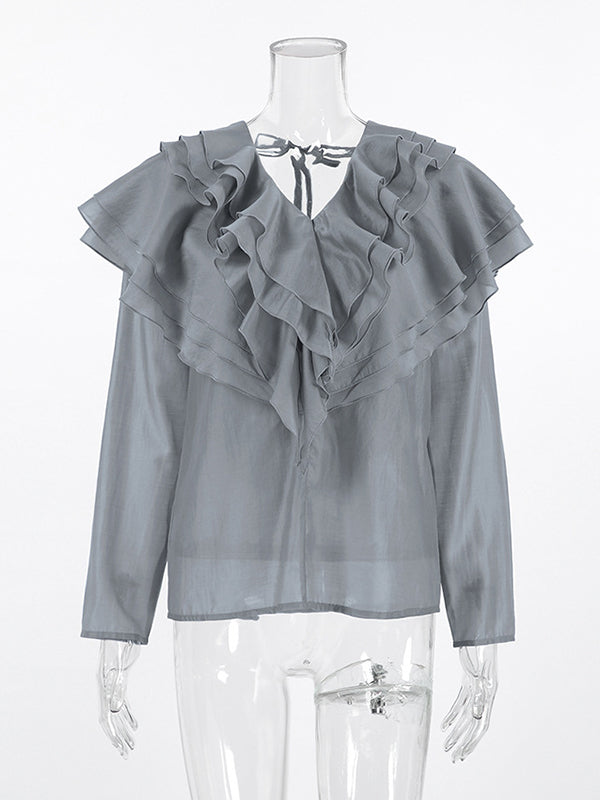 Long Sleeves Backless Ruffled Solid Color V-Neck Blouses&Shirts Tops