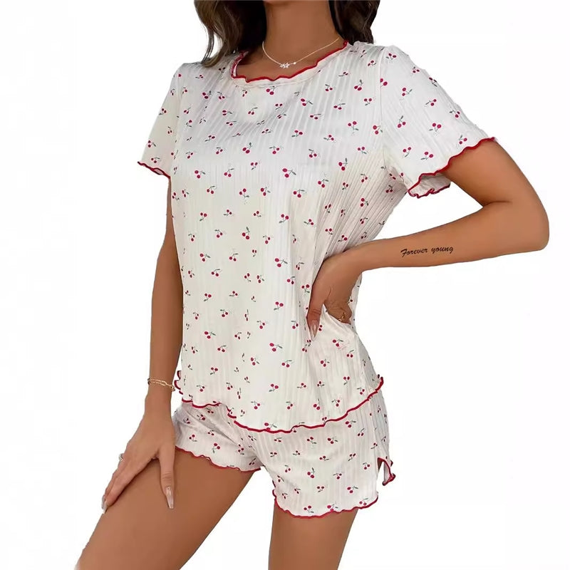 Women Fashion Casual Cherry Printed Short-Sleeve T-Shirt Loose Shorts Pajamas Two-Piece Set