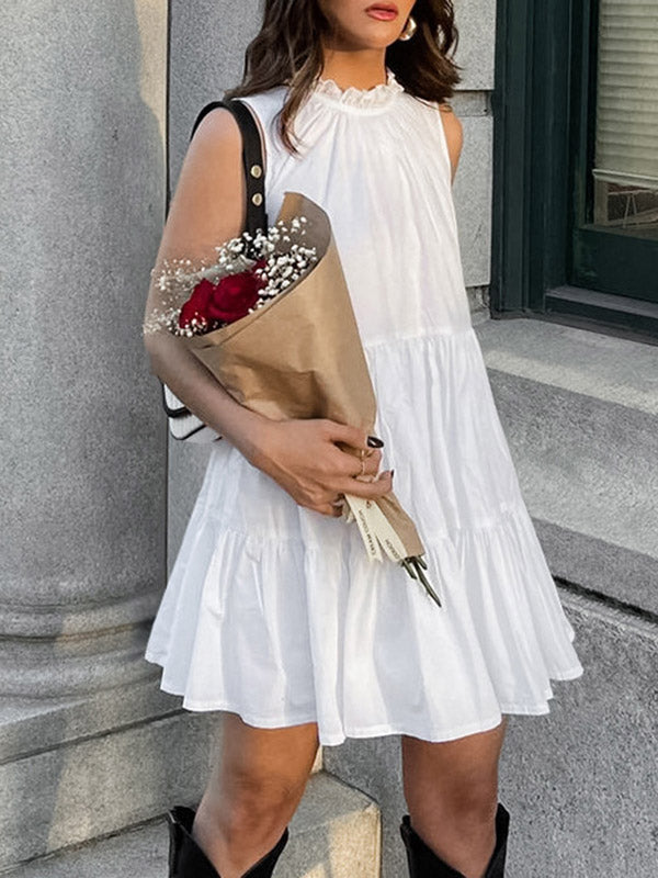 A-Line Loose Pleated Ruffled Solid Color Split-Joint Round-Neck Mini Dresses Shirt Dress