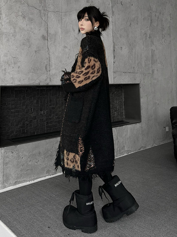 Hipster Long Sleeves Asymmetric Buttoned Contrast Color Leopard Pockets Split-Joint V-Neck Cardigan Tops