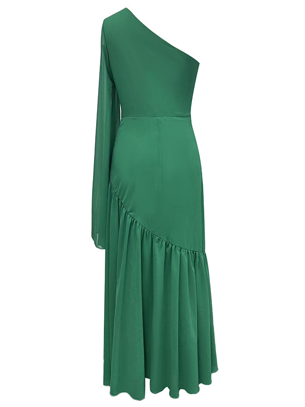 Long Sleeves Loose Pleated Solid Color Zipper One-Shoulder Maxi Dresses