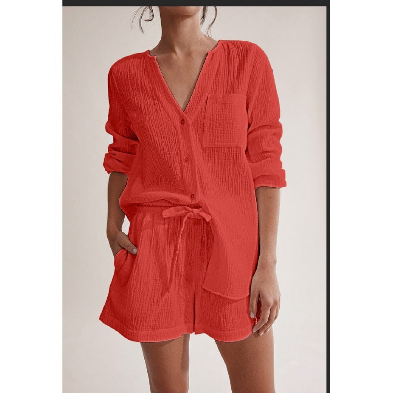 Women Casual Solid Color Double Gauze Cotton Long Sleeve Shorts Pajamas Set