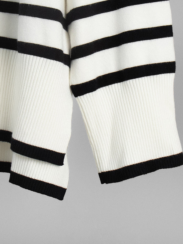 High-Low Long Sleeves Split-Joint Split-Side Striped High Neck Sweater Tops