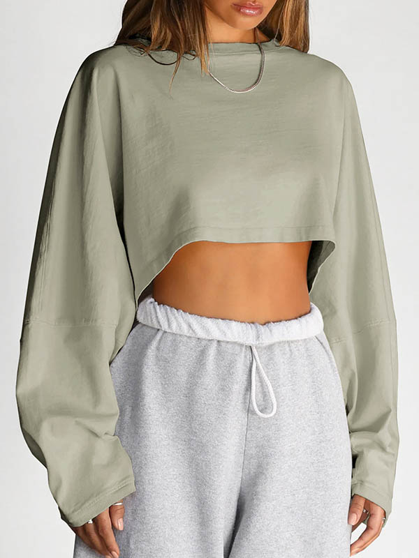 Long Sleeves Loose Solid Color Split-Joint Round-Neck Sweatshirt Tops