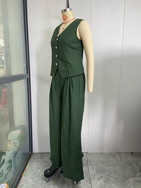 Plus Size Loose Solid Color Split-Joint V-Neck Vest + Elasticity Pants Two Pieces Set
