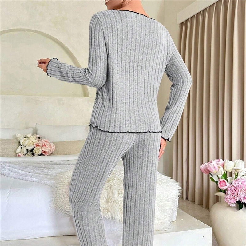 Women Casual Solid Color Wood-Ear Pajamas Longewear Two-Piece Set