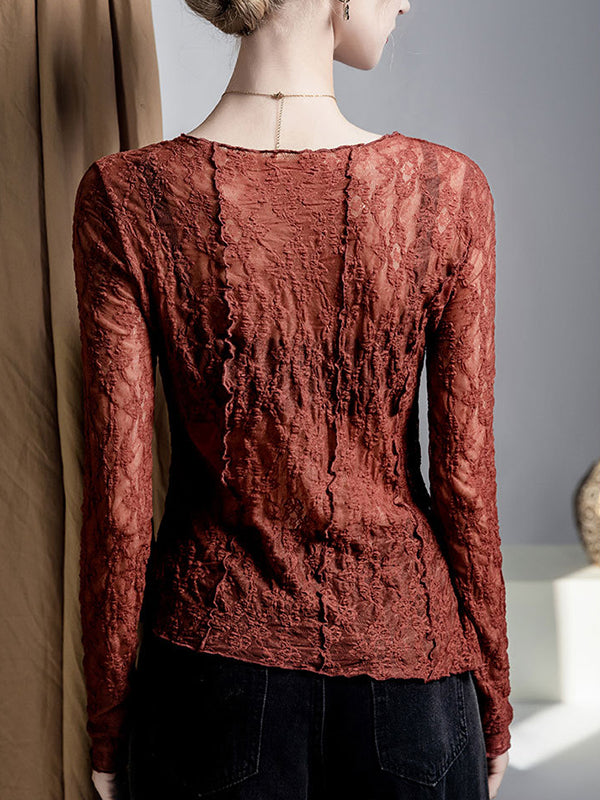 Irregularity Long Sleeves See-Through Split-Joint Textured Round-Neck T-Shirts Tops