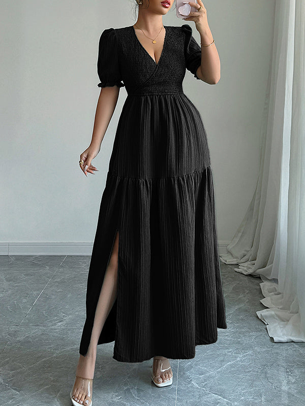Half Sleeves High Waisted Pleated Solid Color Split-Front V-Neck Maxi Dresses
