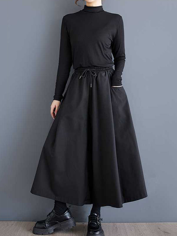 A-Line High Waisted Drawstring Elasticity Pockets Solid Color Culotte Pants