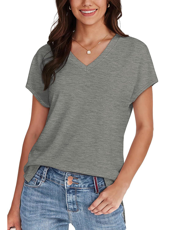 High-Low Raglan Sleeve Solid Color Split-Joint Split-Side V-Neck T-Shirts