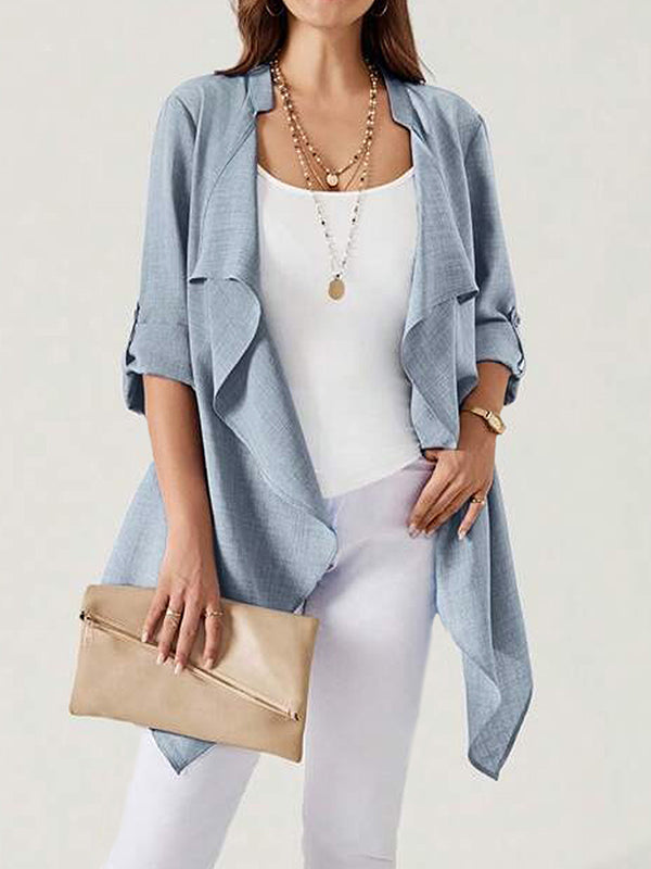 Long Sleeves Loose Buttoned Solid Color Collarless Outerwear