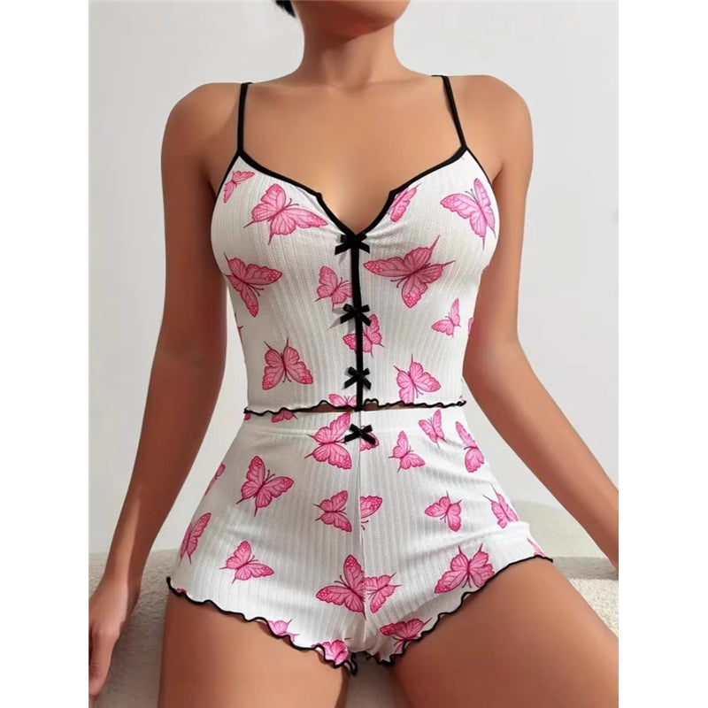 Women Fashion Sexy Printed Bowknot Camisole Slim-Fit Shorts Pajamas Two-Piece Set